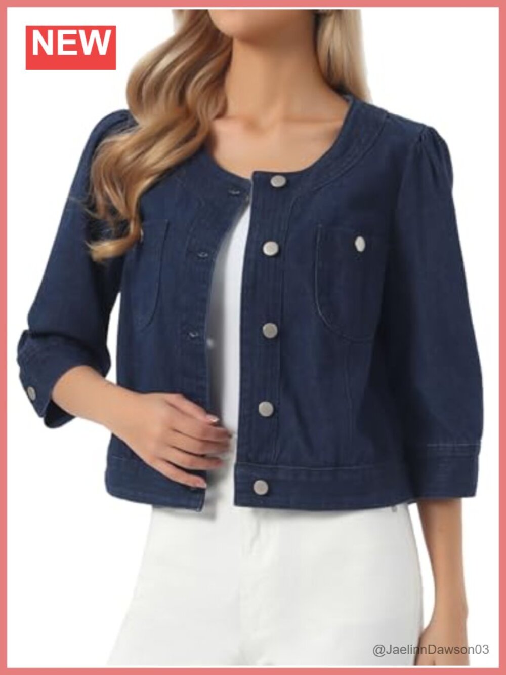Women's Denim Jacket 3/4 Sleeve Cropped Jean Jacket